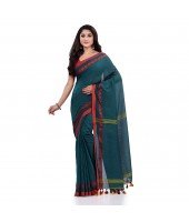 Women`s Traditional Bengali Tant Handloom Cotton Saree Loveria Design With Blouse Piece(Castleton Green)